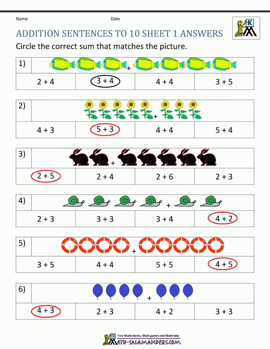 Addition Worksheets for Kindergarten