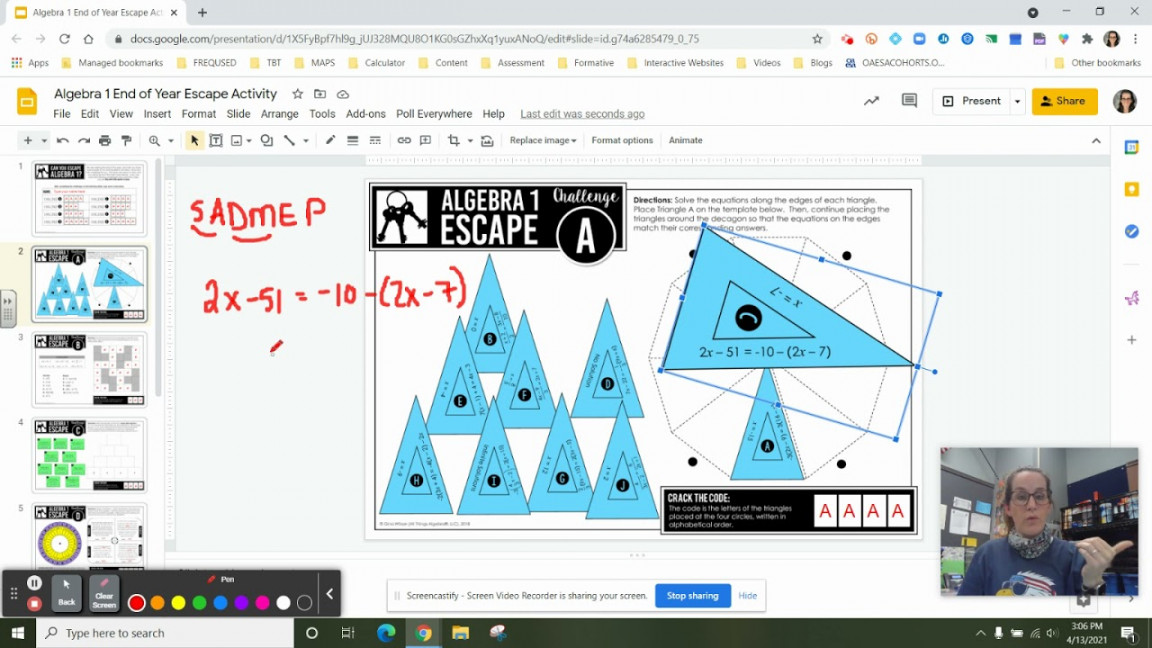 Algebra  End of Year Escape Activity A