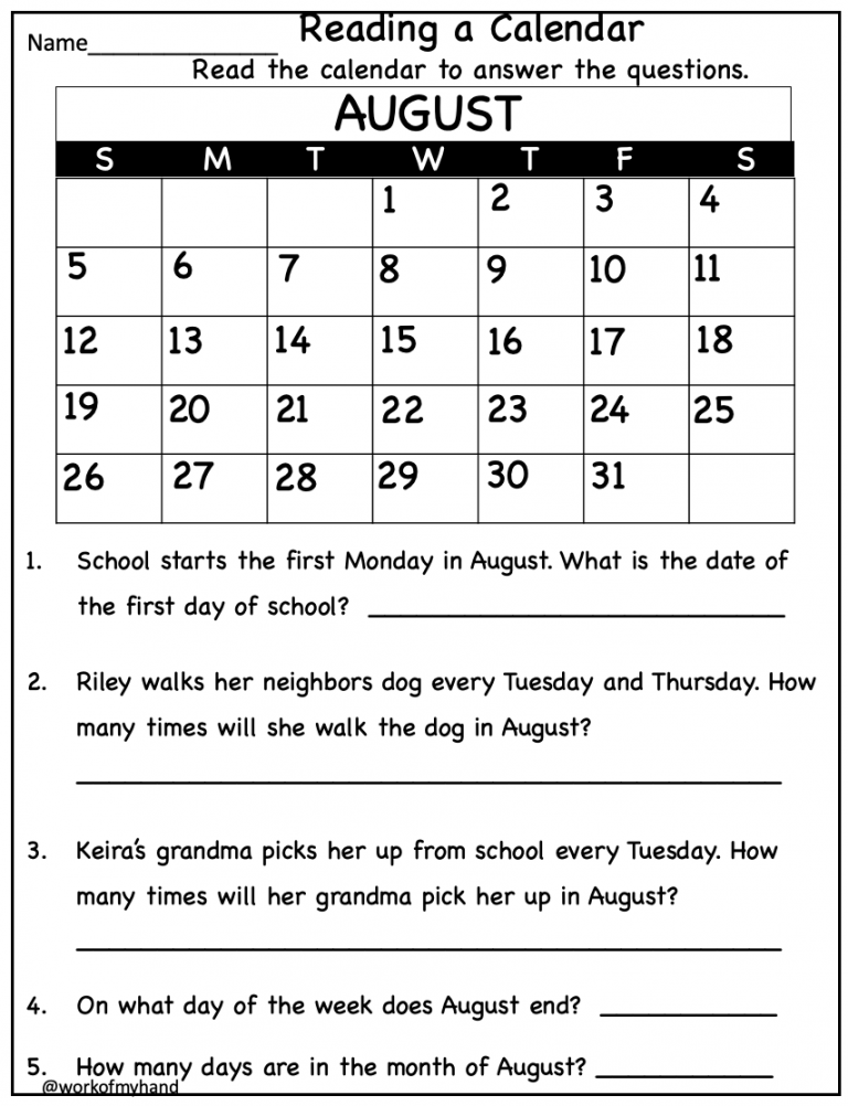 Calendar Math Worksheets nd Grade