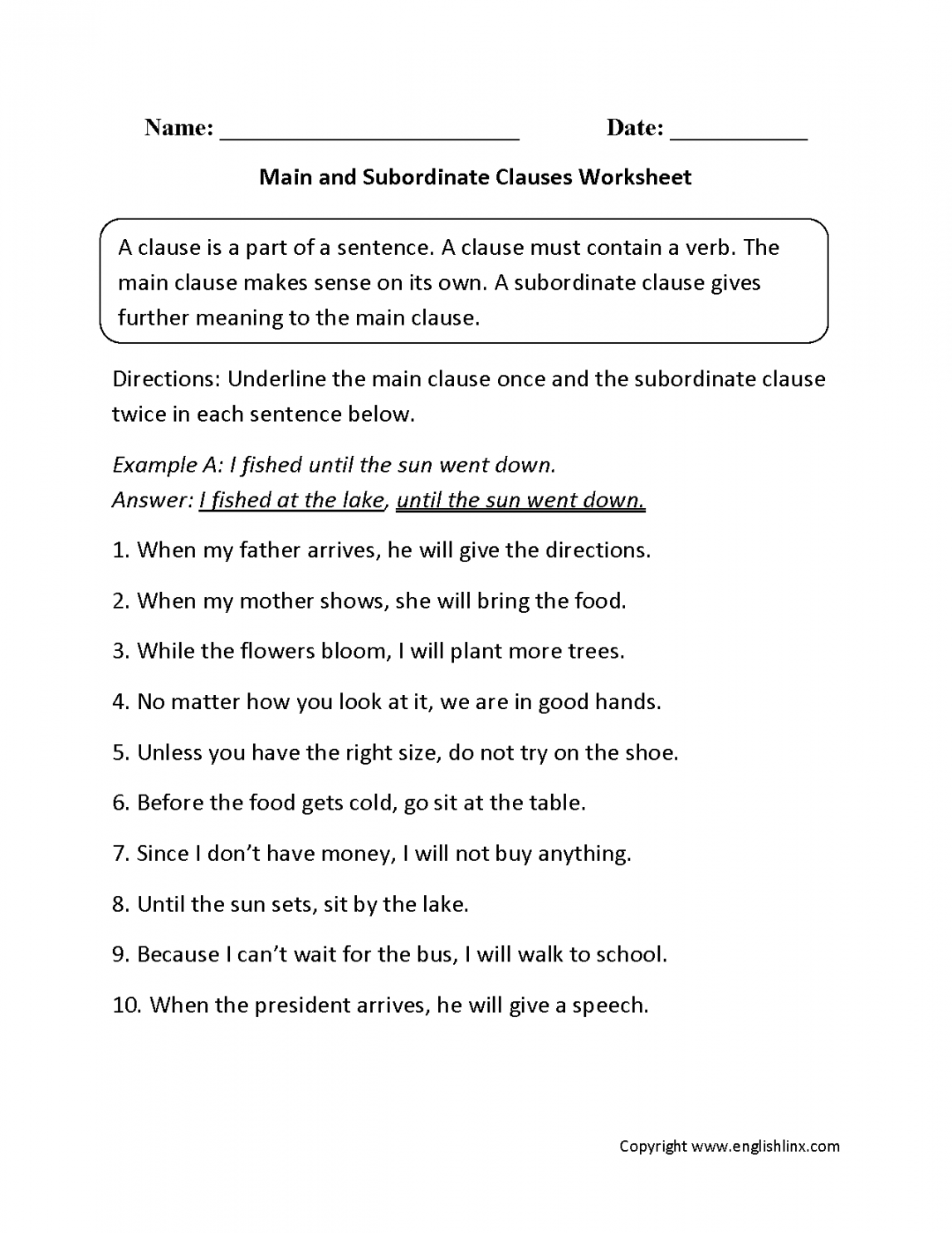 Clauses Worksheets  Main and Subordinate Clauses Worksheet