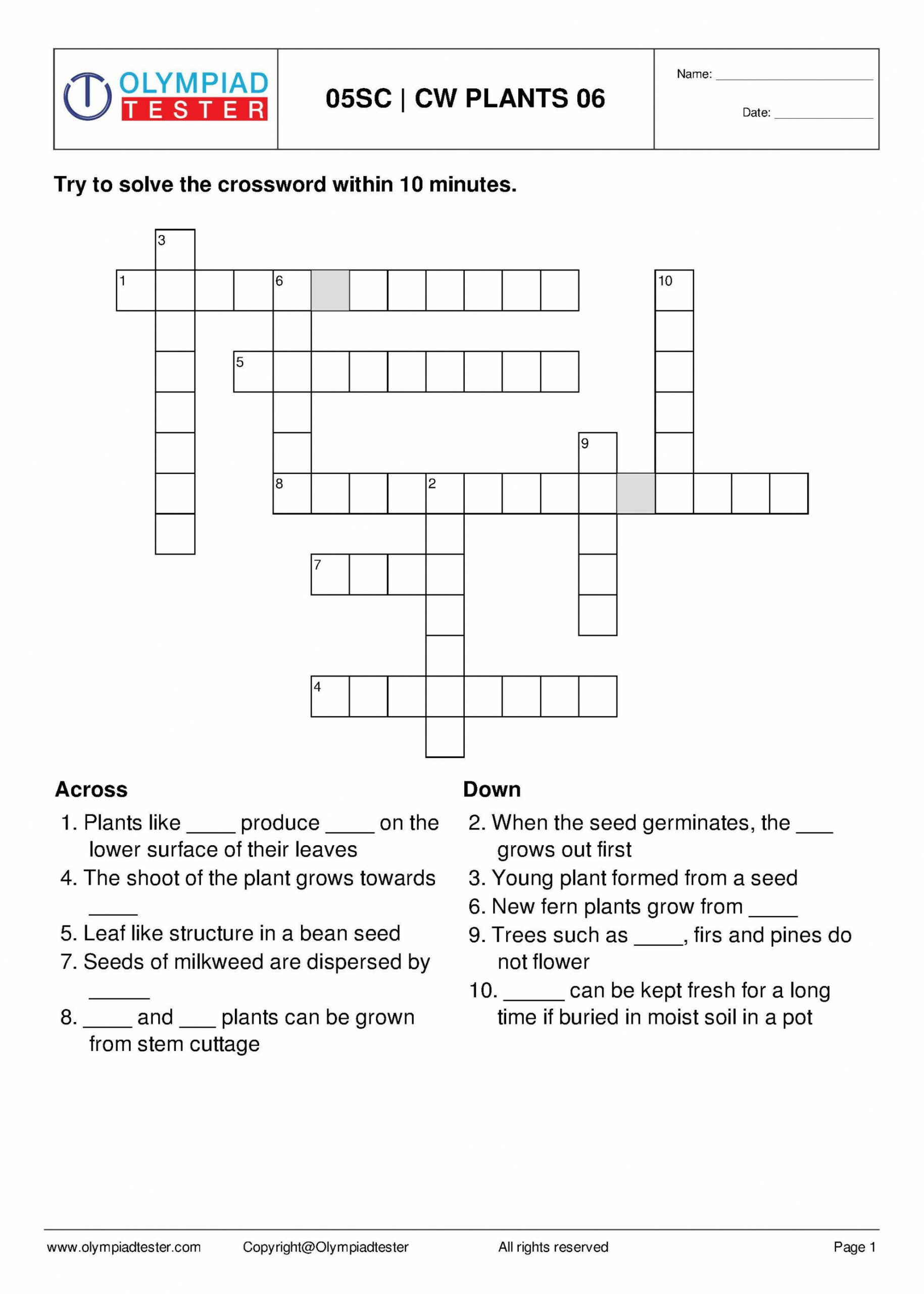 Crossword puzzles for Class  Science - Plants  Science puzzles