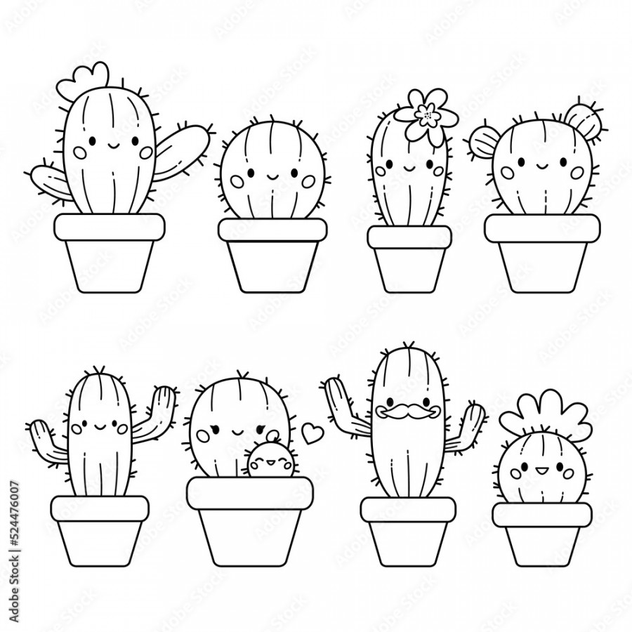 Cute kawaii set of cactus in flowerpots. Coloring page