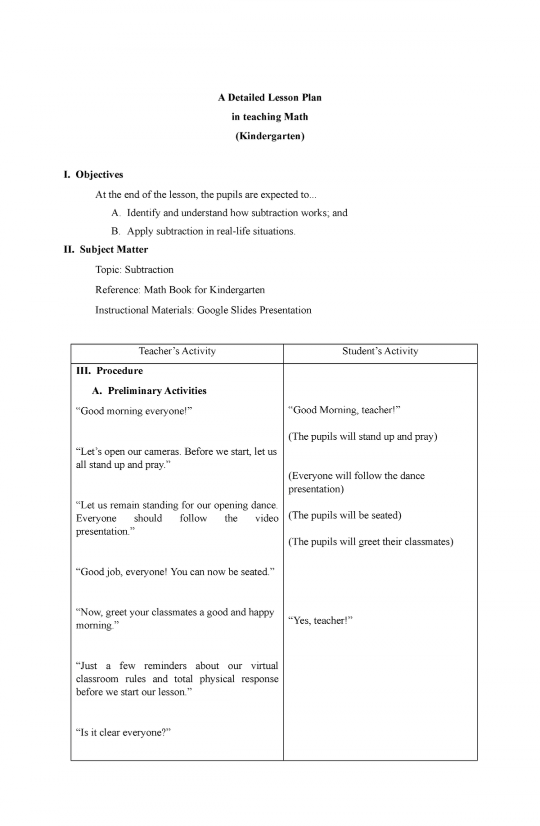 Detailed Lesson Plan MATH - Kindergarten (Subtraction) - A