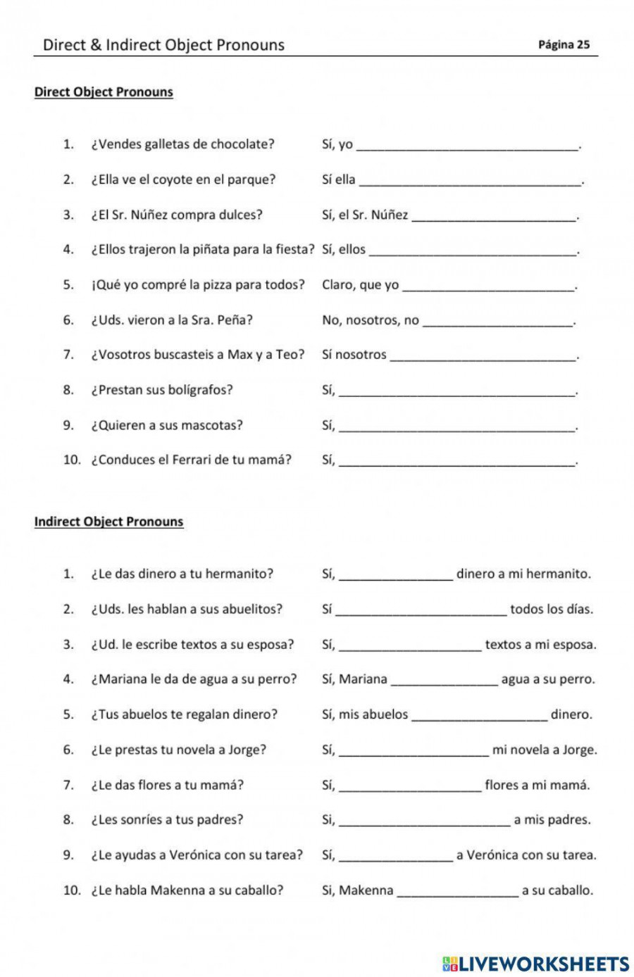 Direct & Indirect Object Pronouns worksheet  Live Worksheets