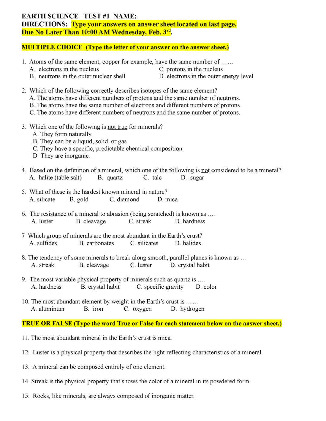 Earth Science TEST # 202 - EARTH SCIENCE TEST # NAME