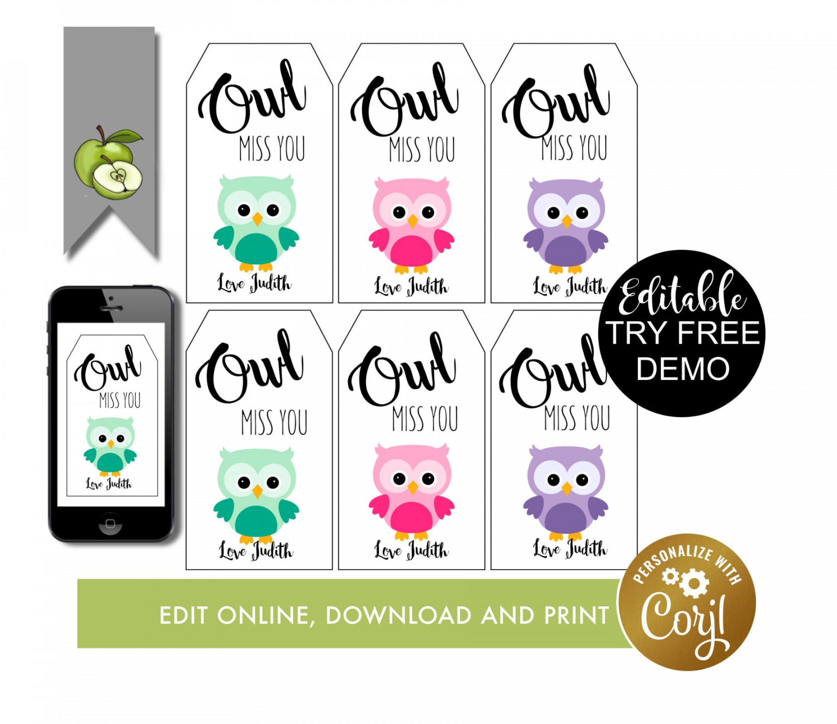 Editable Friend Owl Gift Tag, Editable Owl Miss You, Leaving Tag