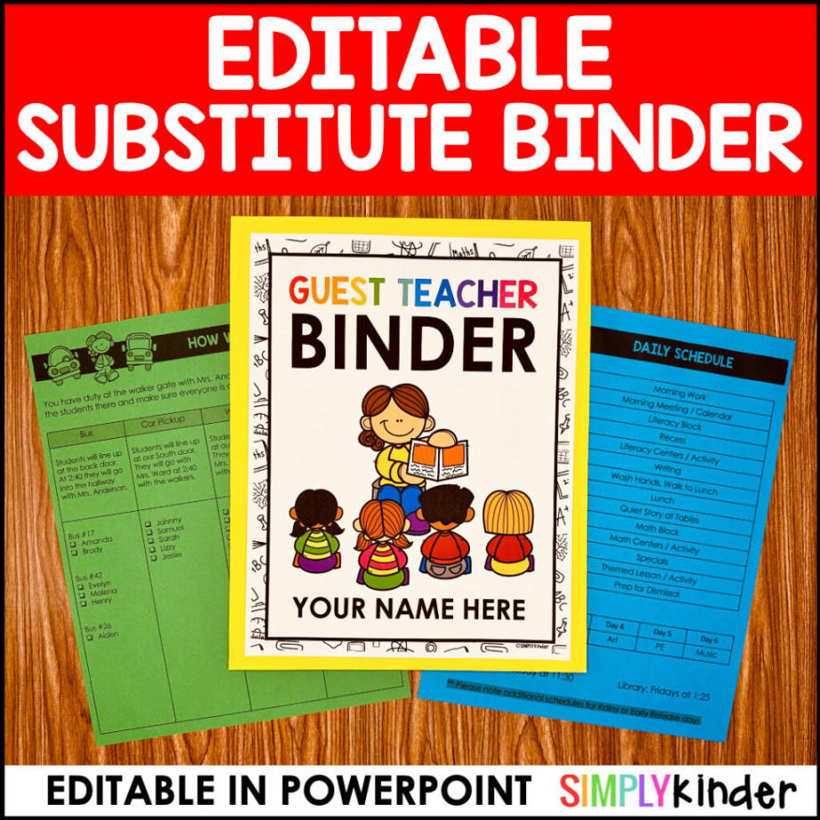 Editable Sub Binder, Substitute Binder for Kindergarten & First