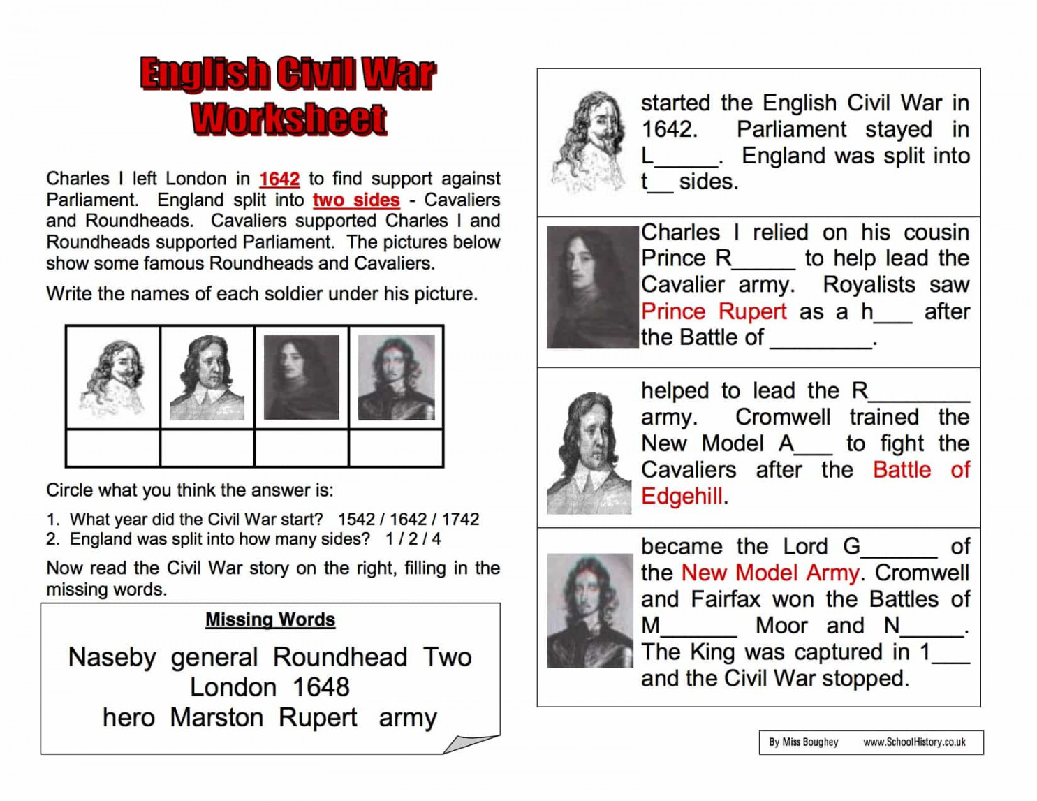 English Civil War Background Worksheet  Year  Study