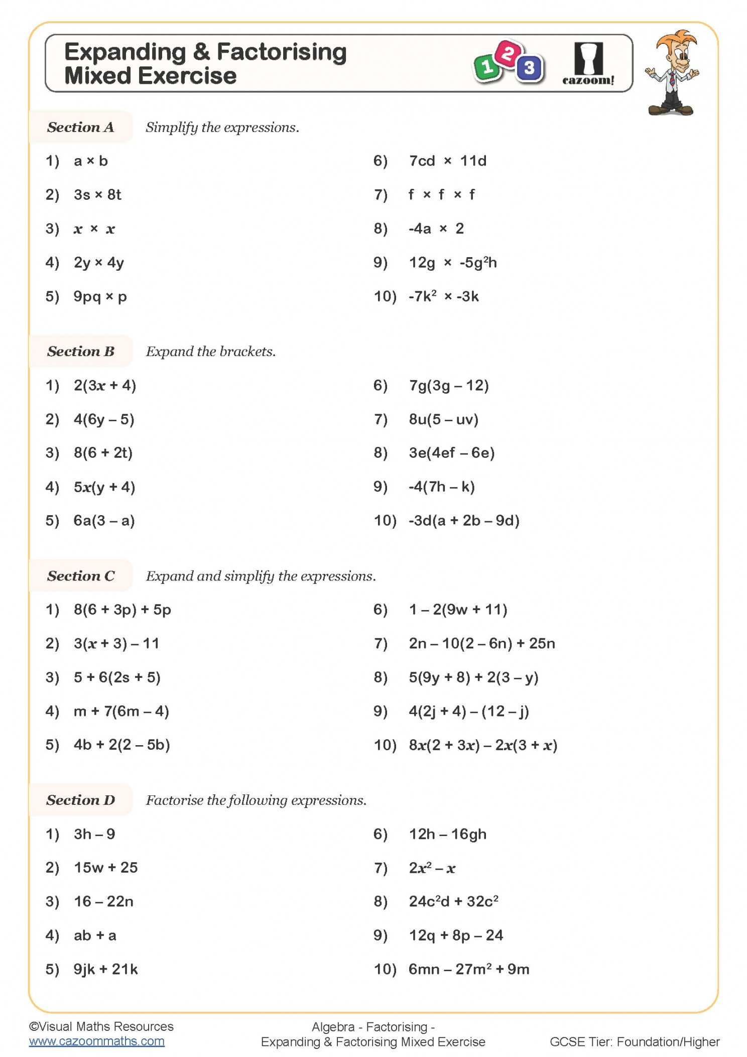 Expanding and Factorising Mixed Exercise Worksheet  Fun and