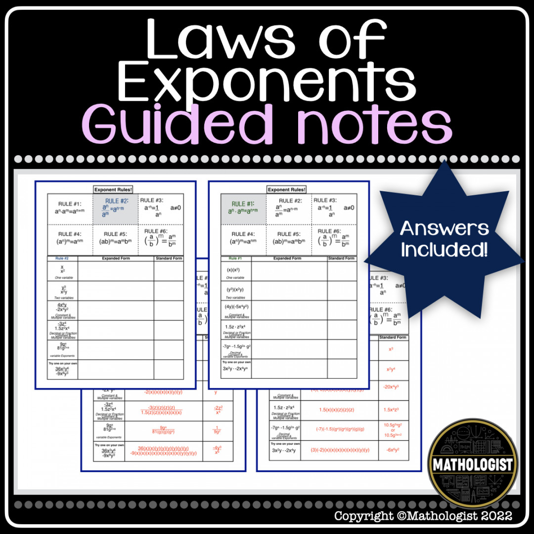 Exponent Rules Laws of Exponents Guided Notes  Made By Teachers