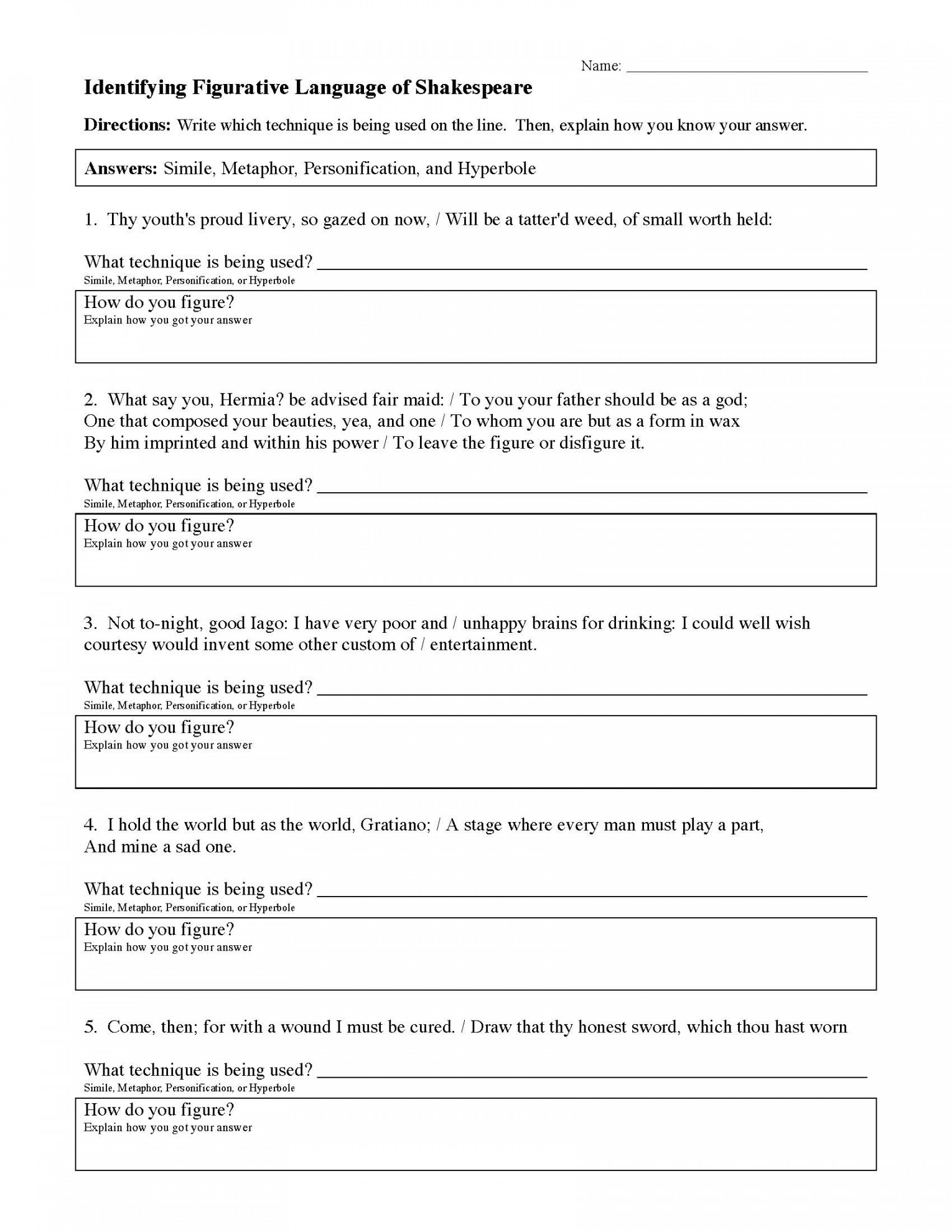 Figurative Language of Shakespeare  Reading Activity