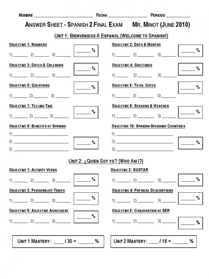 Final Exam Answer Sheet (Spanish )  PDF  Grammatical