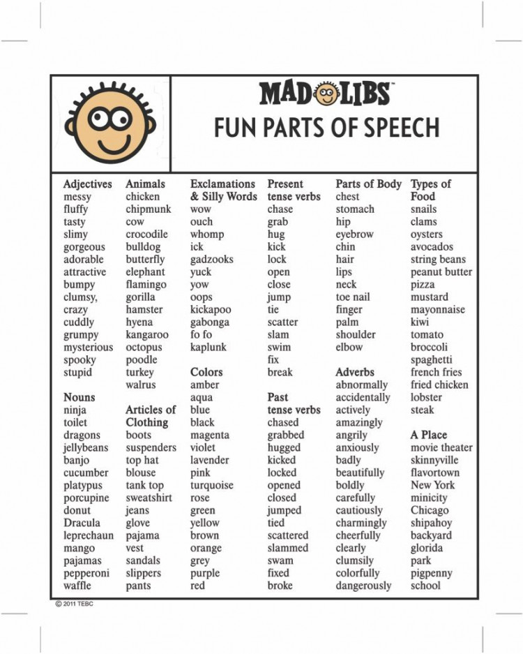 Fun Parts of Speech cheat sheet included in book to get you