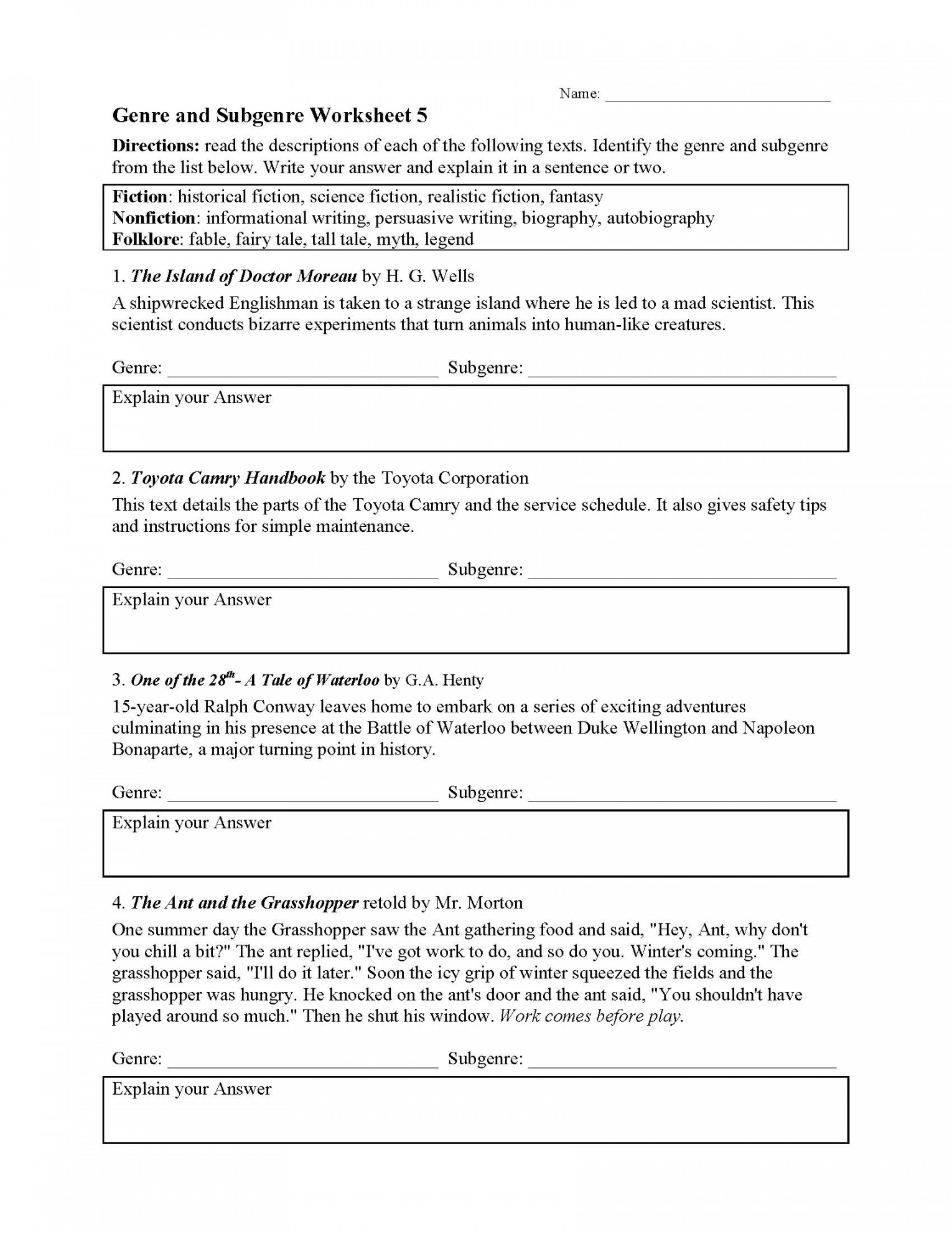 Genre Worksheet   Reading Activity