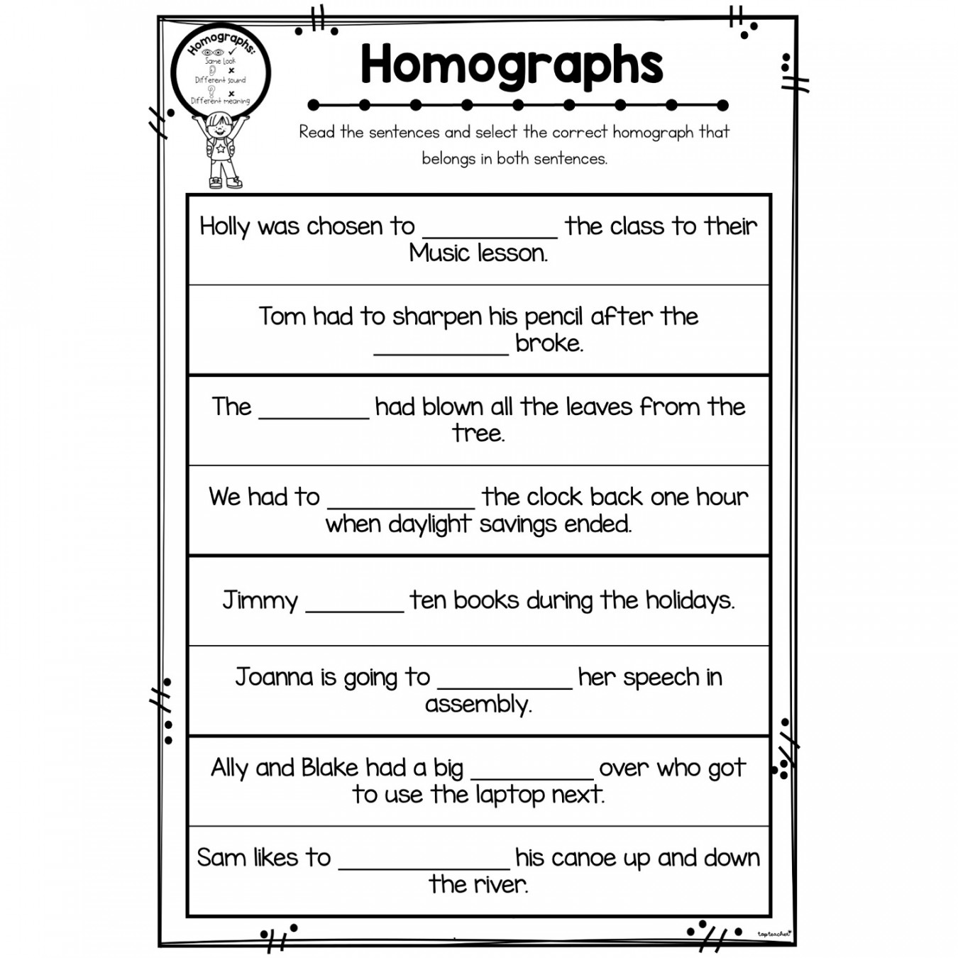 Homographs Fill in the Gap Worksheets - Top Teacher