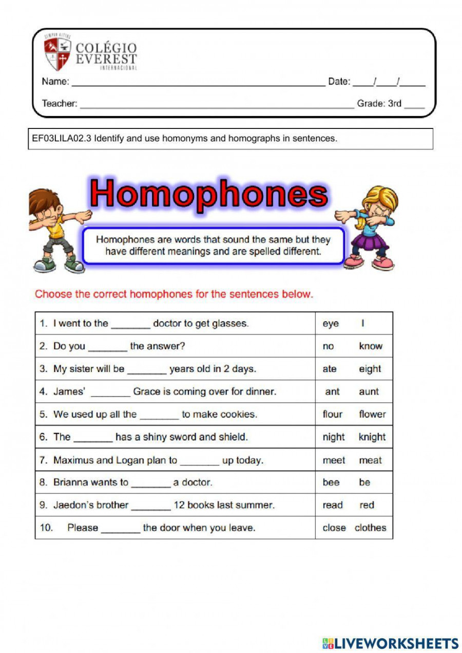 Homophones online exercise for Grade   Live Worksheets