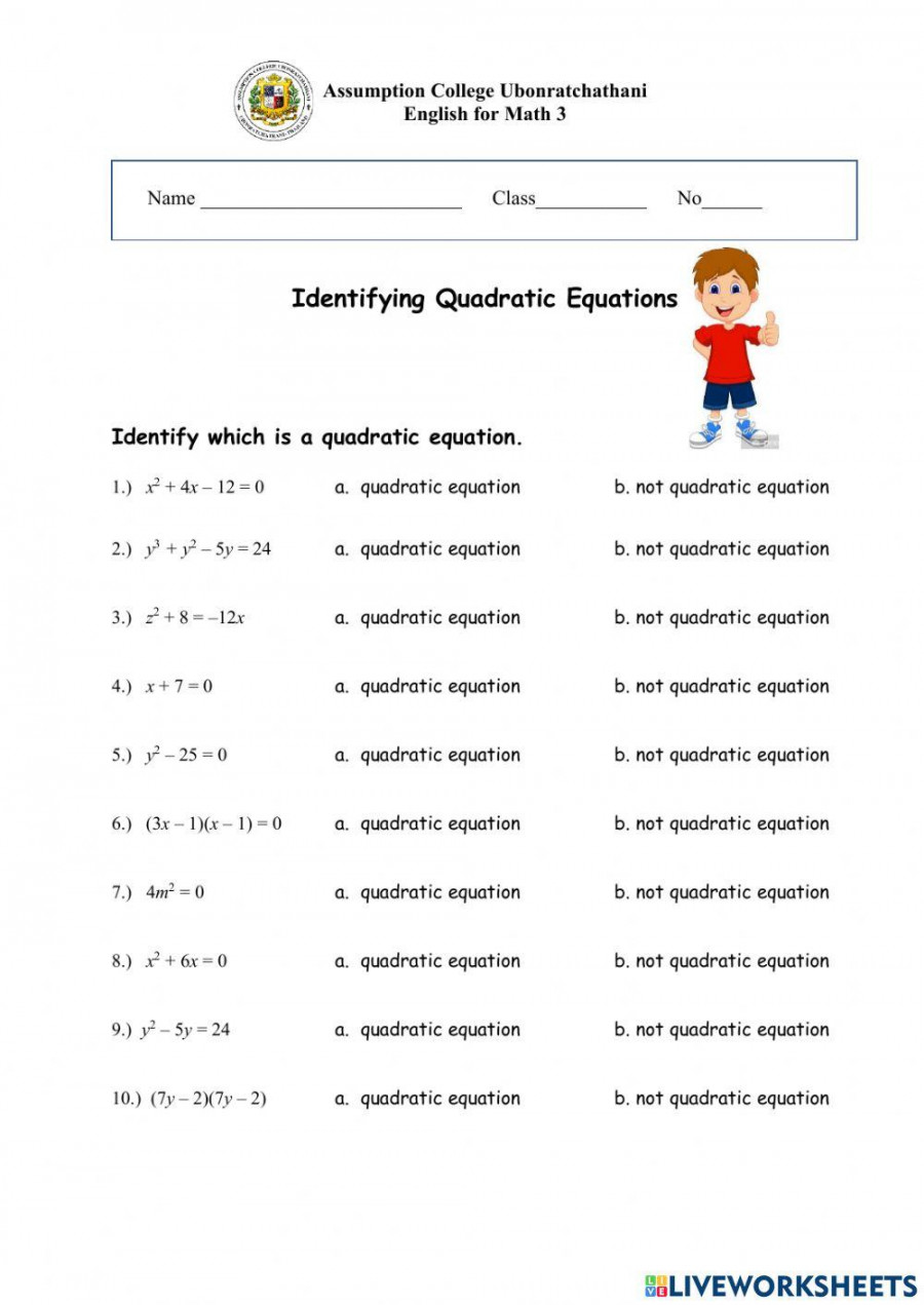 Identifying Quadratic Equation worksheet  Live Worksheets