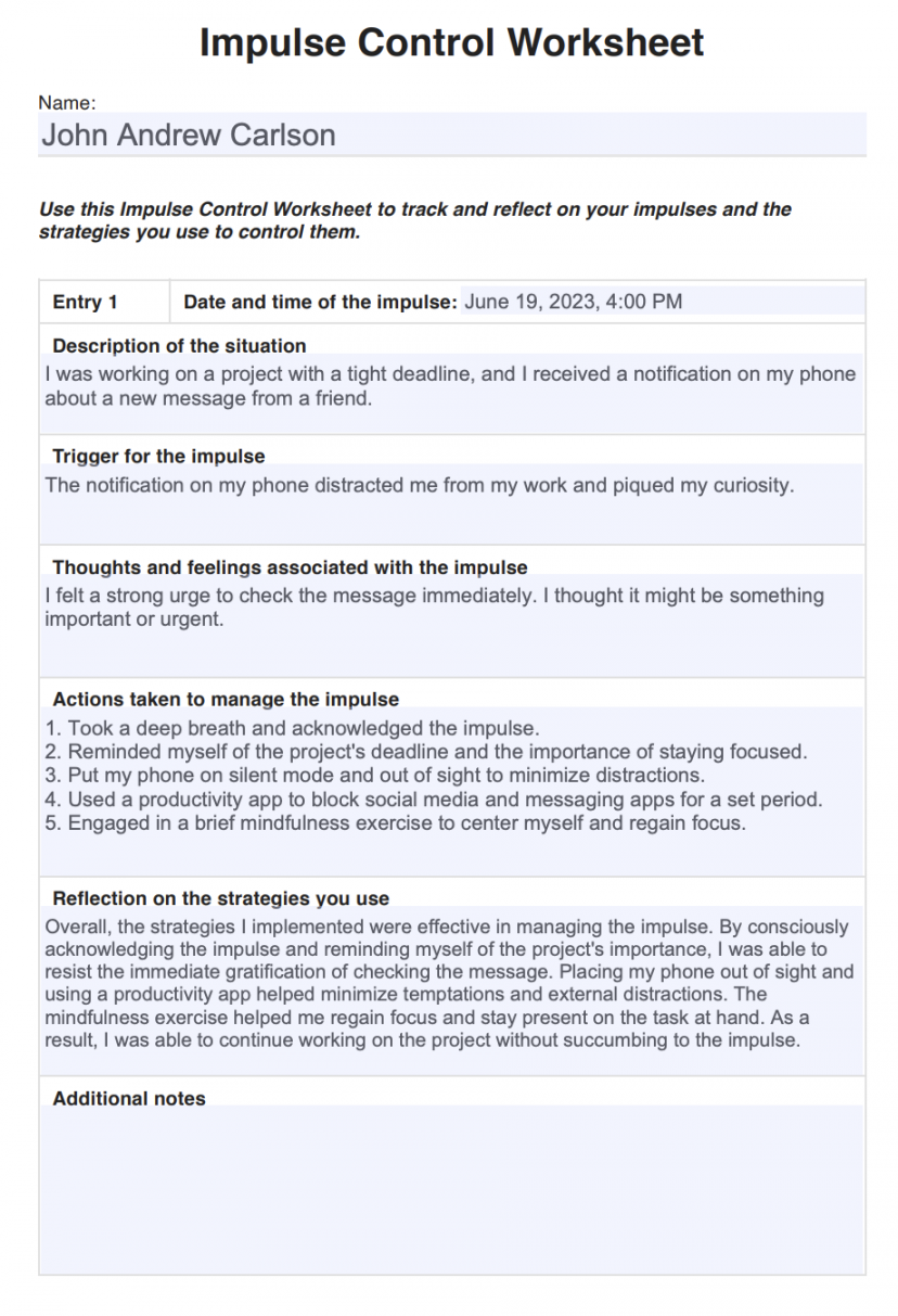 Impulse Control Worksheet & Example  Free PDF Download