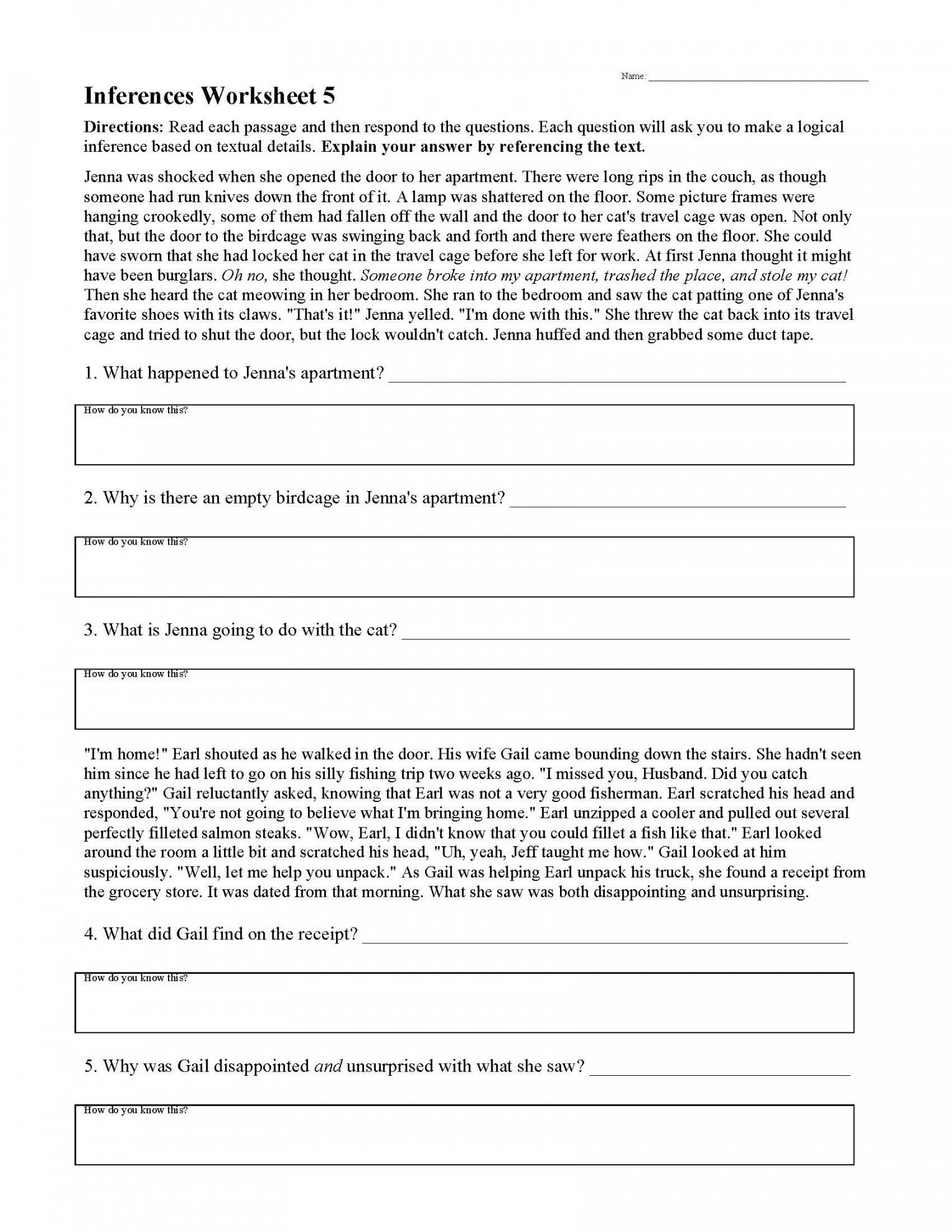 Inferences Worksheet   Reading Activity