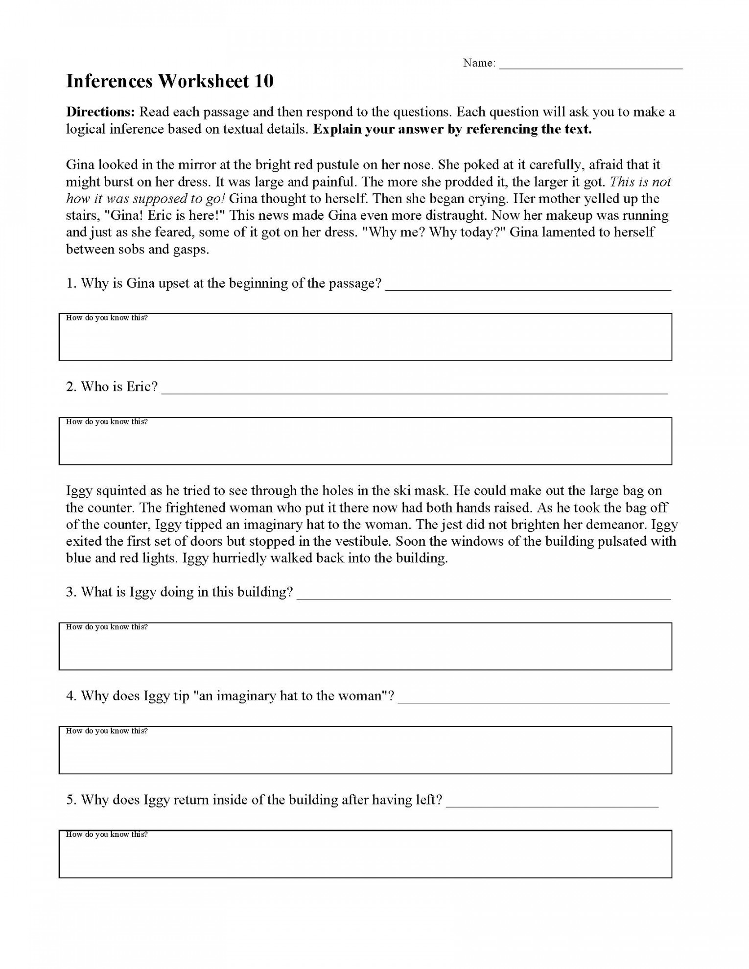 Inferences Worksheet   Reading Activity