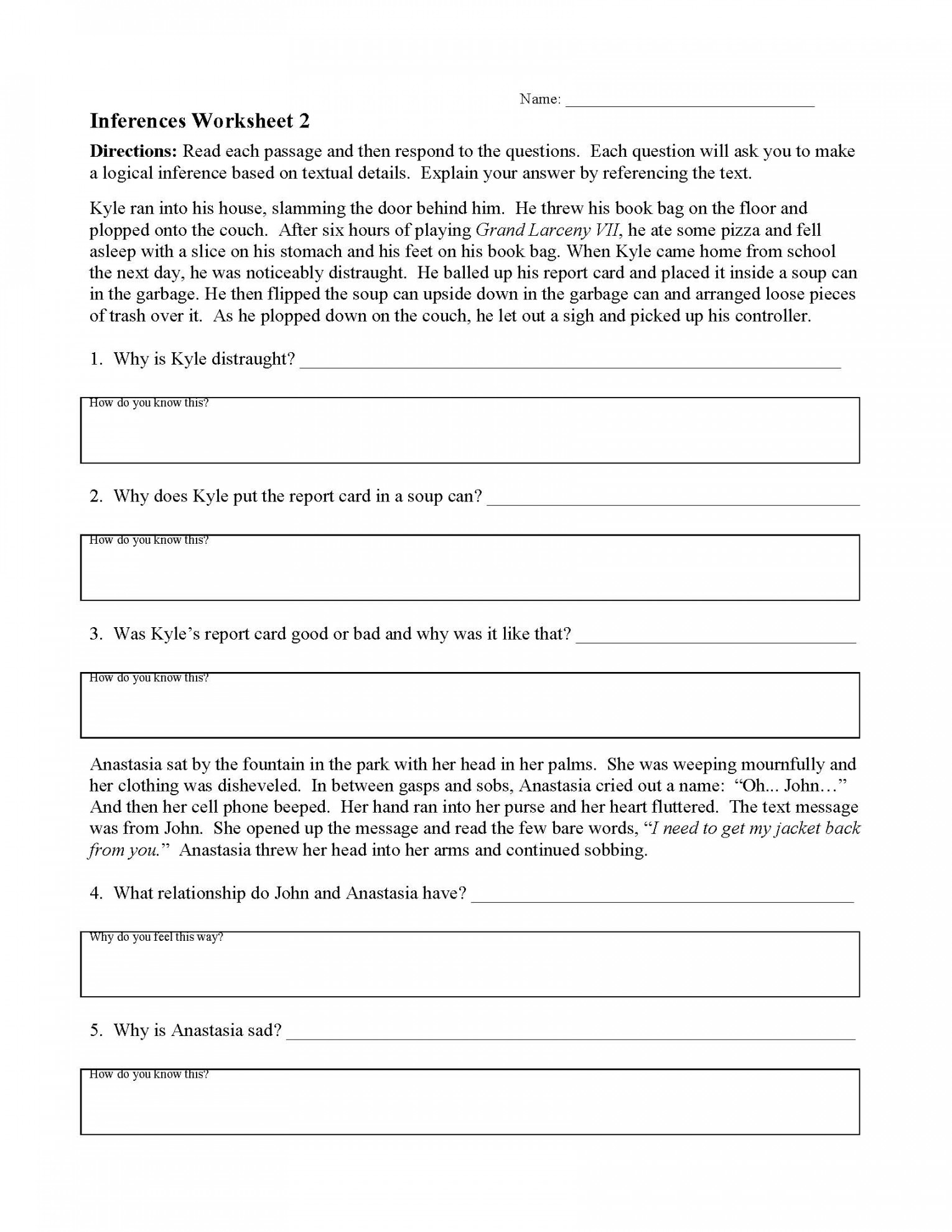 Inferences Worksheet   Reading Activity