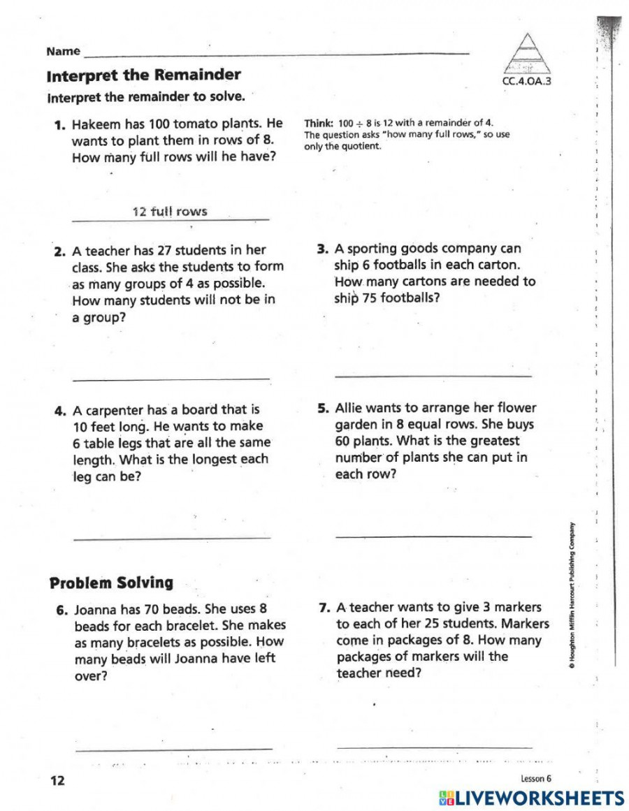 Interpreting Remainders in Word Problems worksheet  Live Worksheets