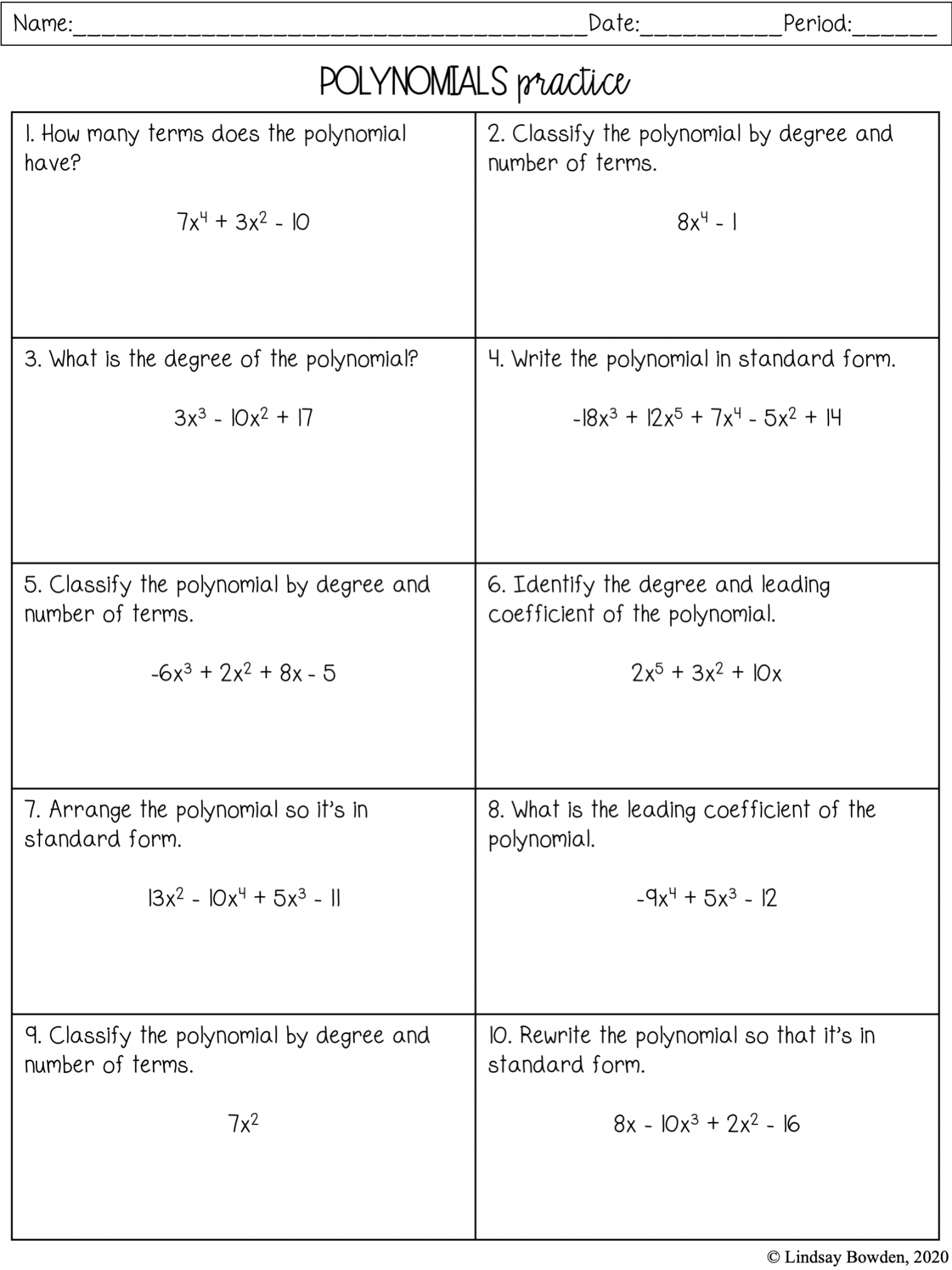 Intro to Polynomials Notes and Worksheets - Lindsay Bowden