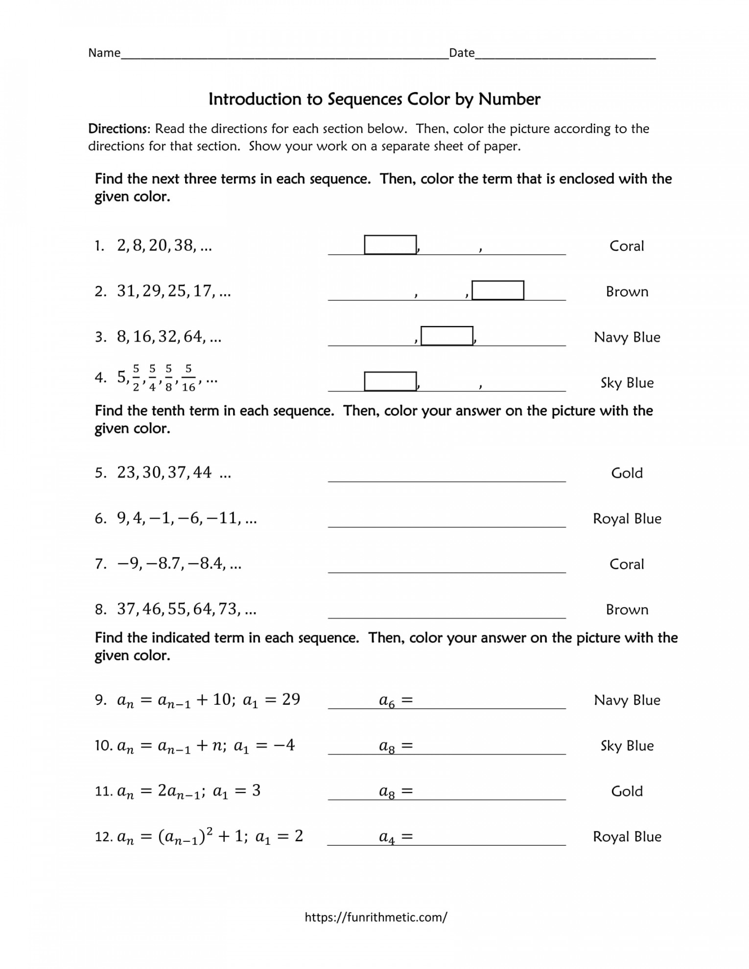 Introduction to Sequences Color by Number