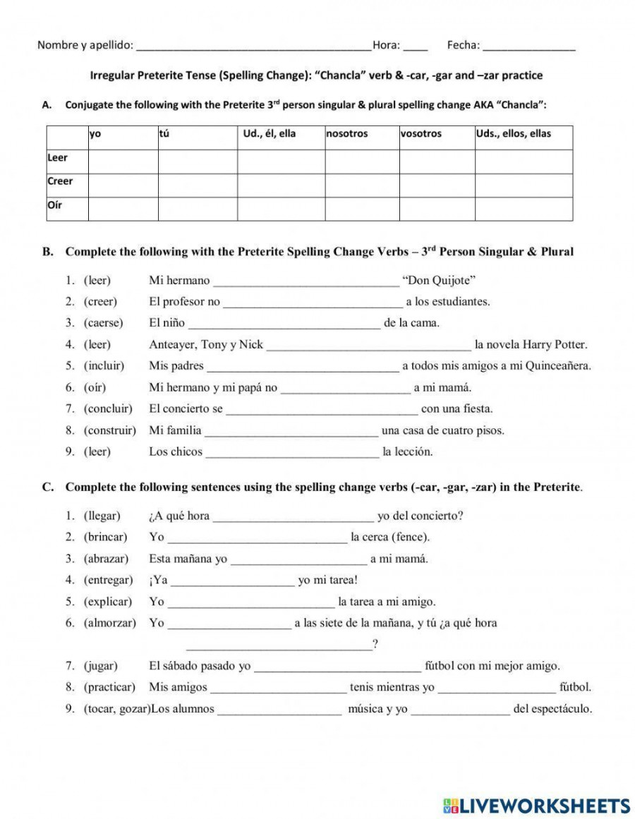 Irregular Preterite Sp Chgn - Practice  worksheet  Live Worksheets