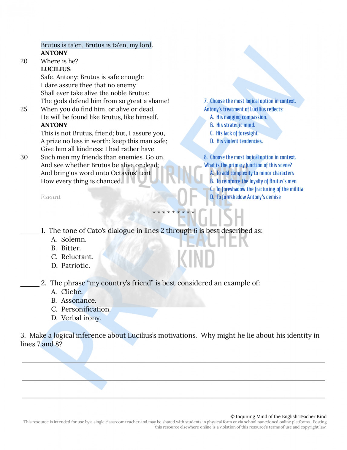 Julius Caesar Act  Scene  Close Reading Worksheet