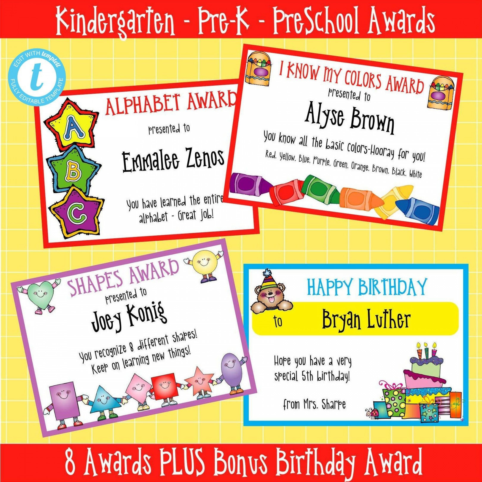 KINDERGARTEN AWARD CERTIFICATES- Different Awards-all xeditable