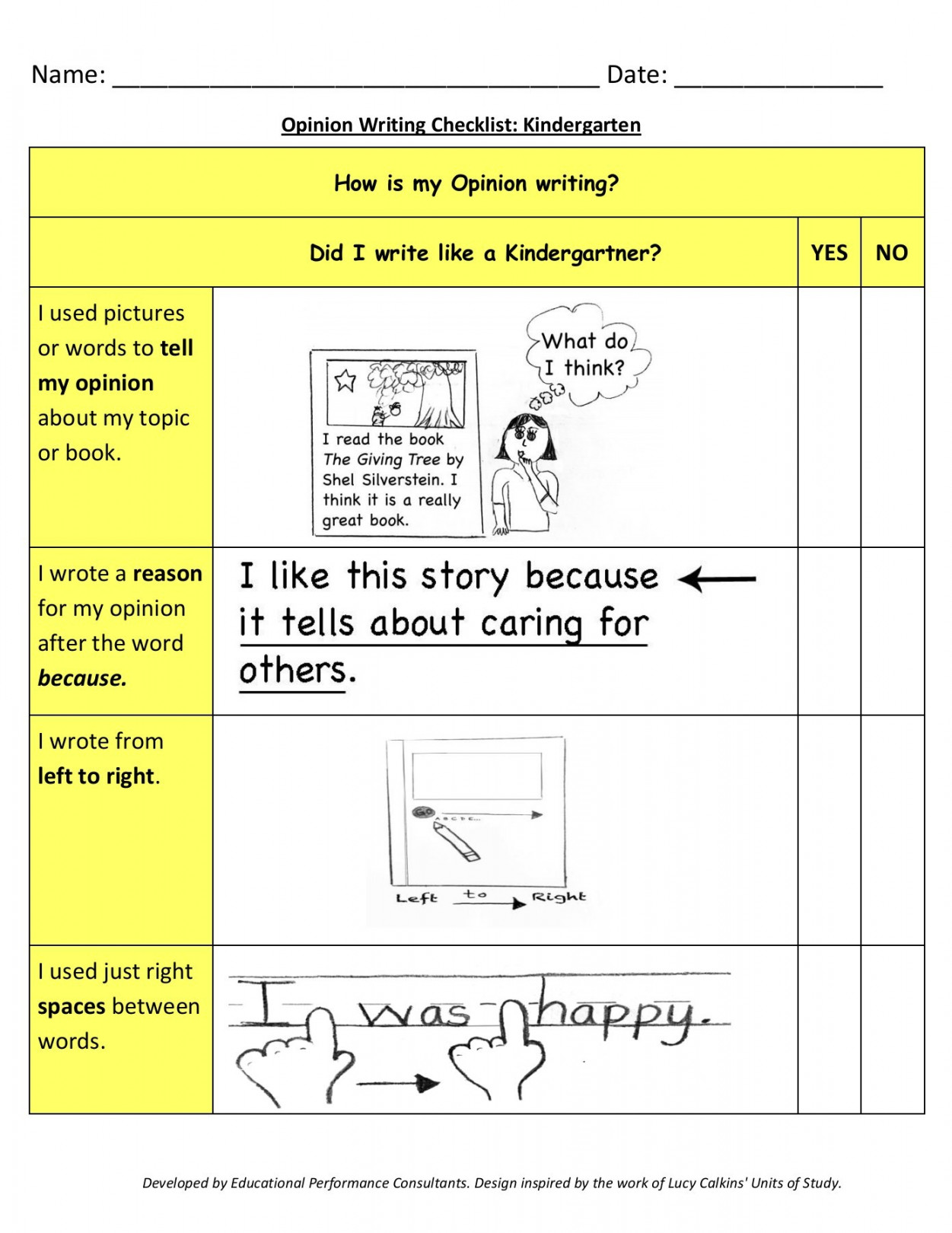 Kindergarten-Opinion-Checklist-for-Students - Opinion writing