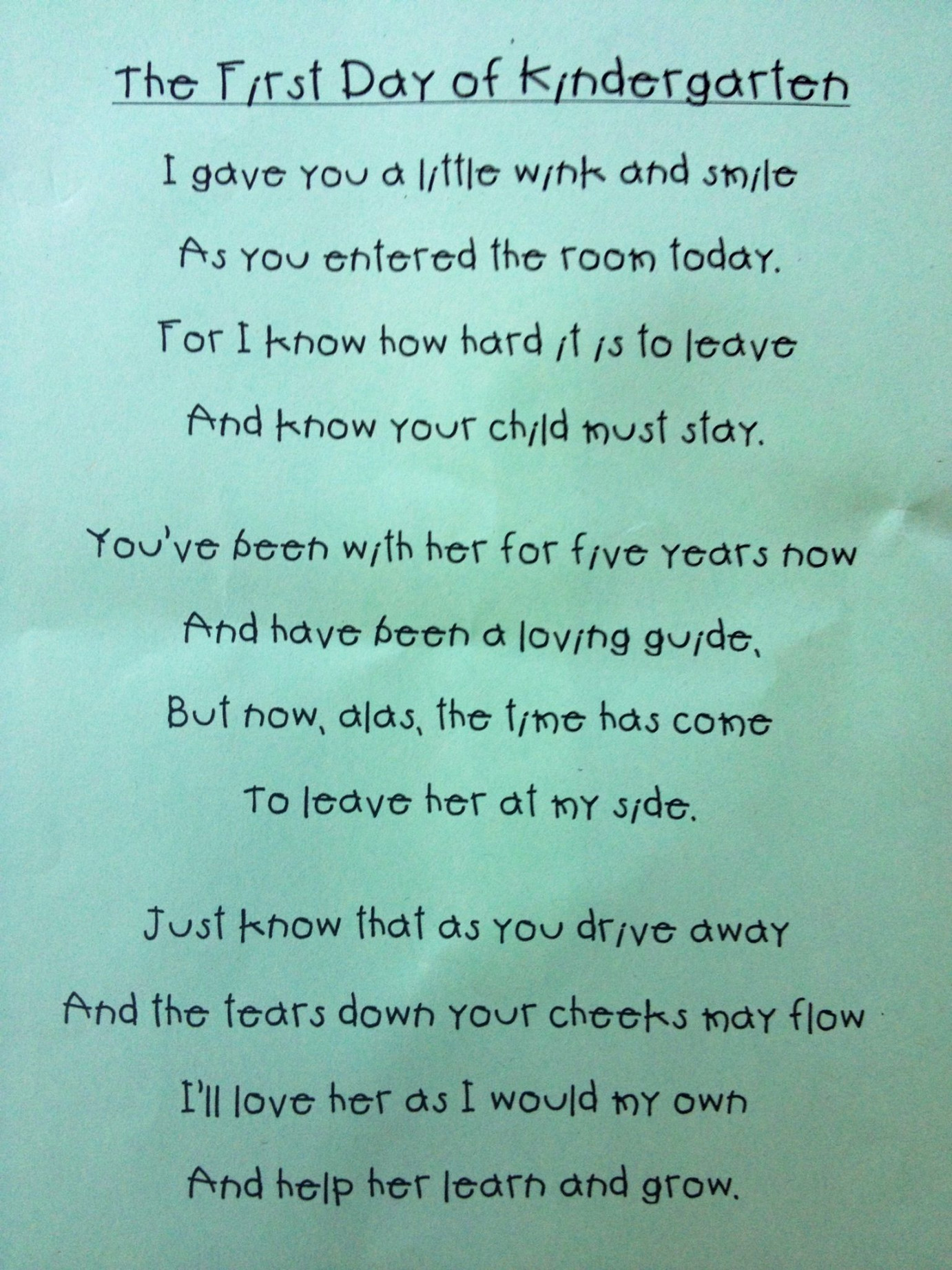 Kindergarten Poem for parents