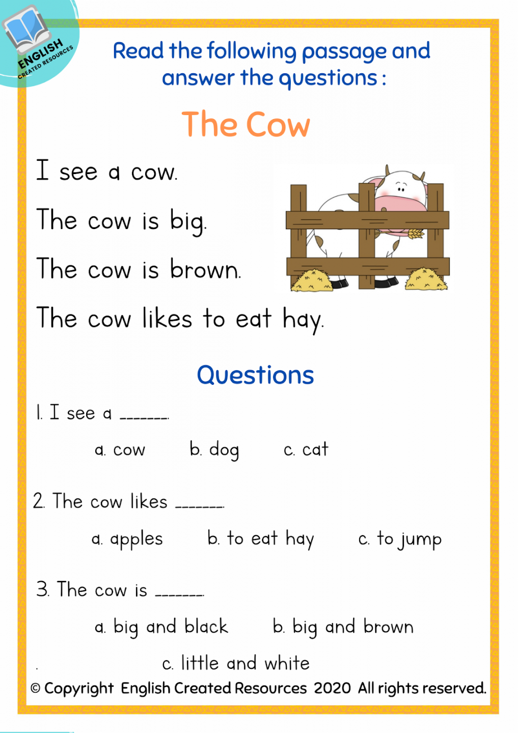 Kindergarten Reading Comprehension Part  – English Created Resources