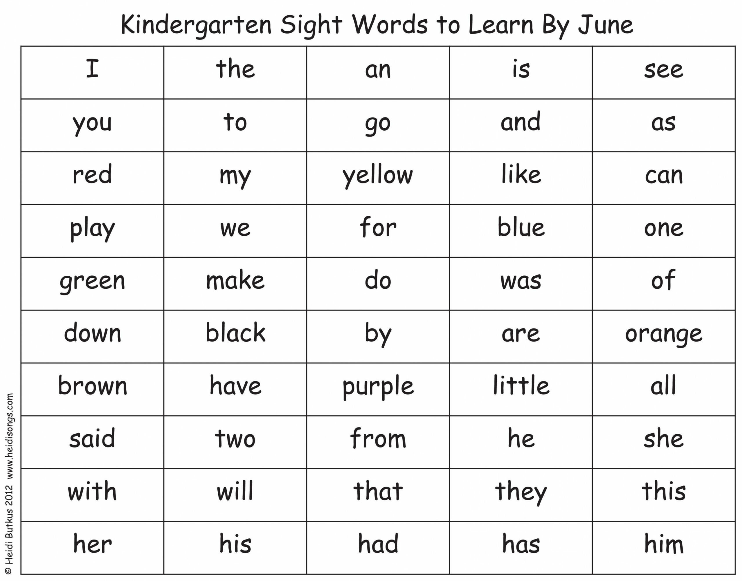 Kindergarten Sight Words List- great minus the colors