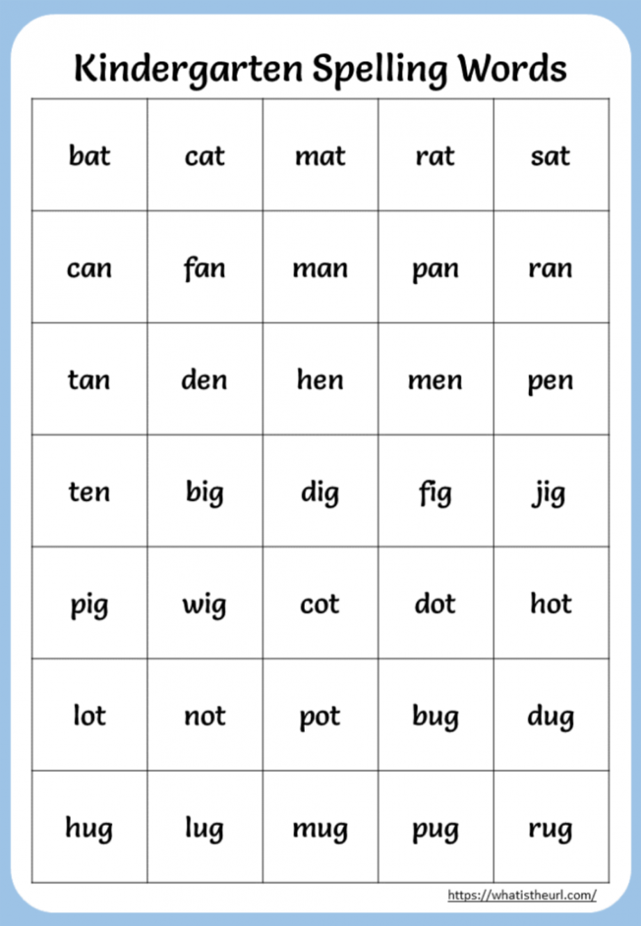 Kindergarten Spelling Words Charts - Your Home Teacher