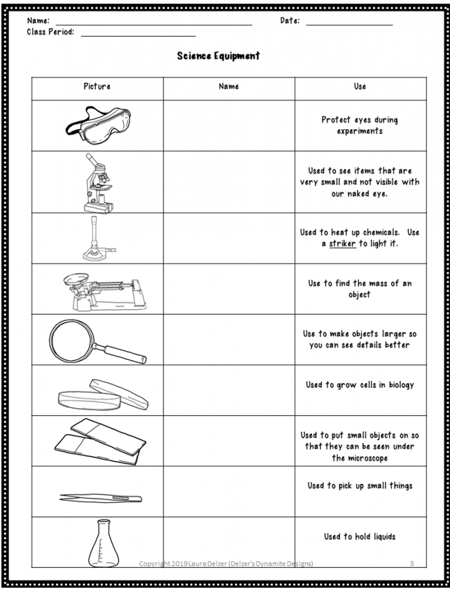 Lab Equipment Identification Worksheets