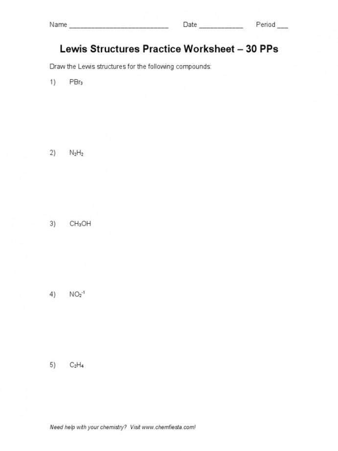 Lewis Structures Practice Worksheet -  PPS: Name - Date - Period