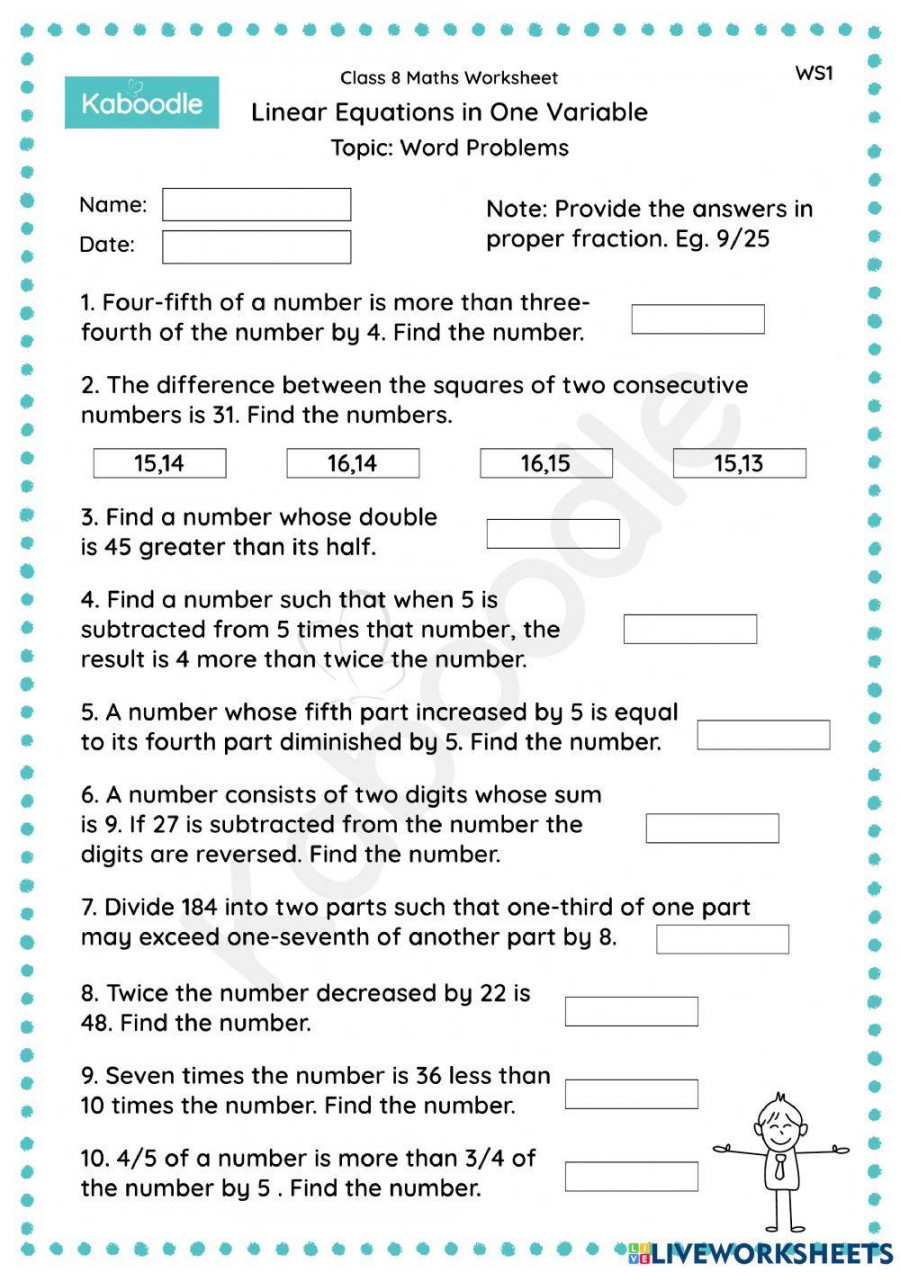 Linear Equations in One Variable (Word Problems) worksheet  Live