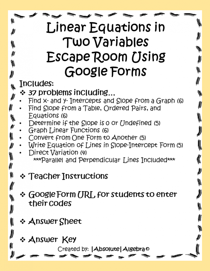 Linear Equations in Two Variables Escape Room Google Forms