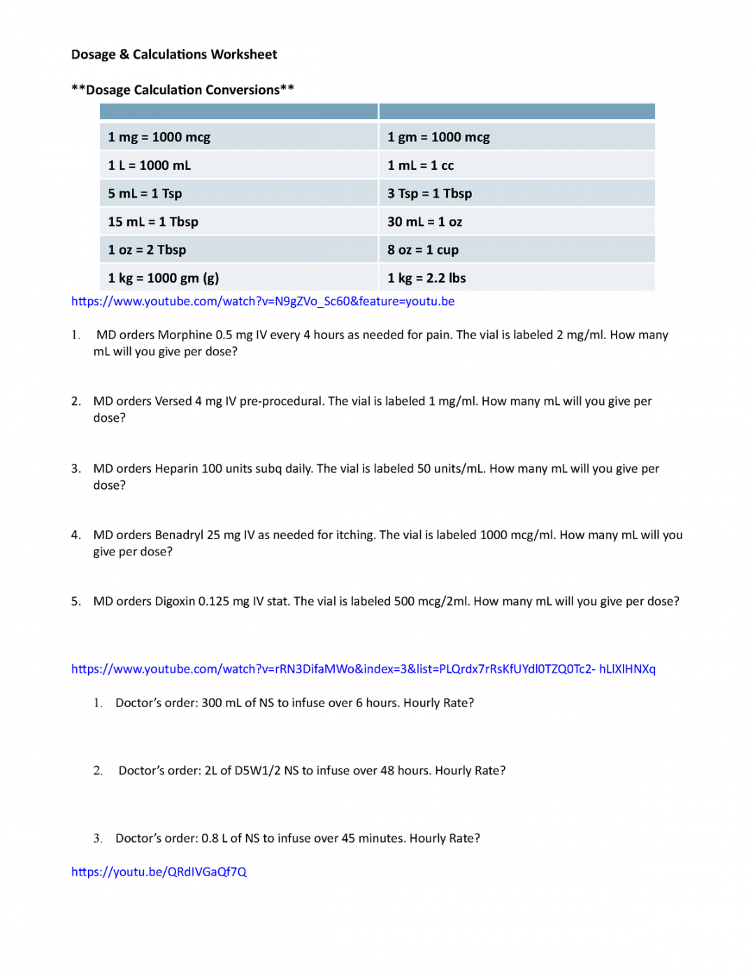 Med Math Worksheet - sample med math - Dosage &amp; Calculations