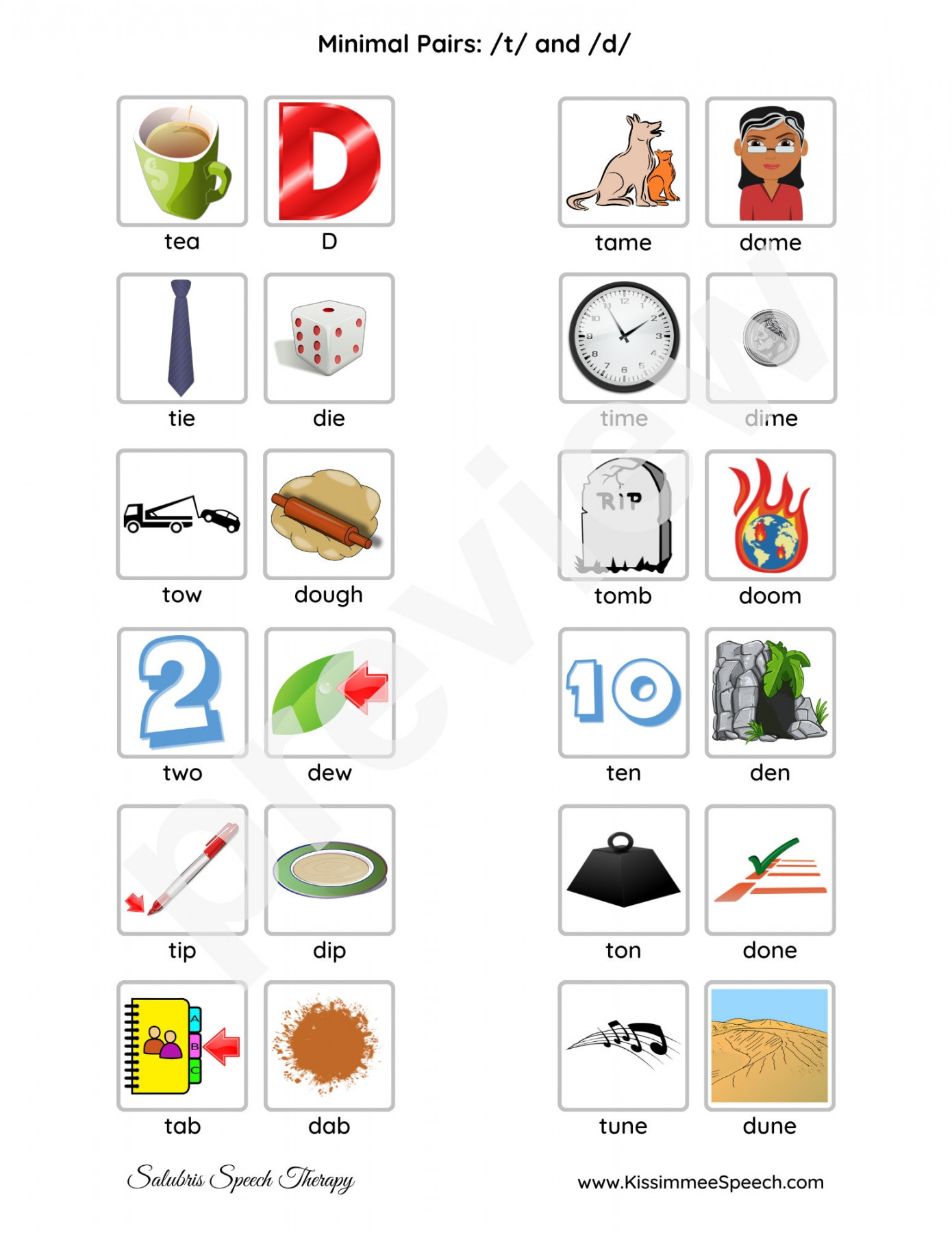 Minimal Pairs for t & d Phonemes for Speech Therapy Practice