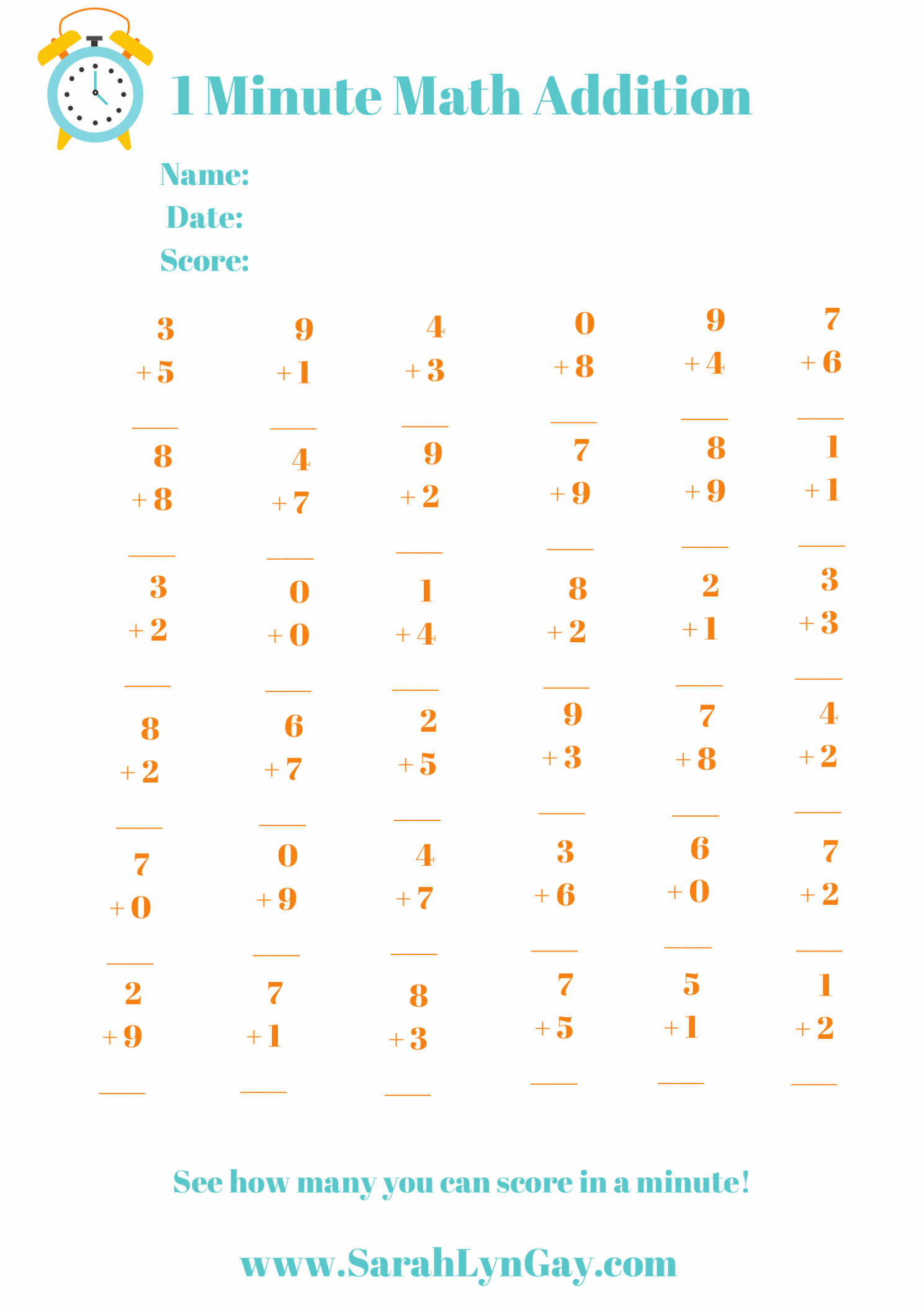 Minute Math Addition for First Graders - Sarah Lyn Gay