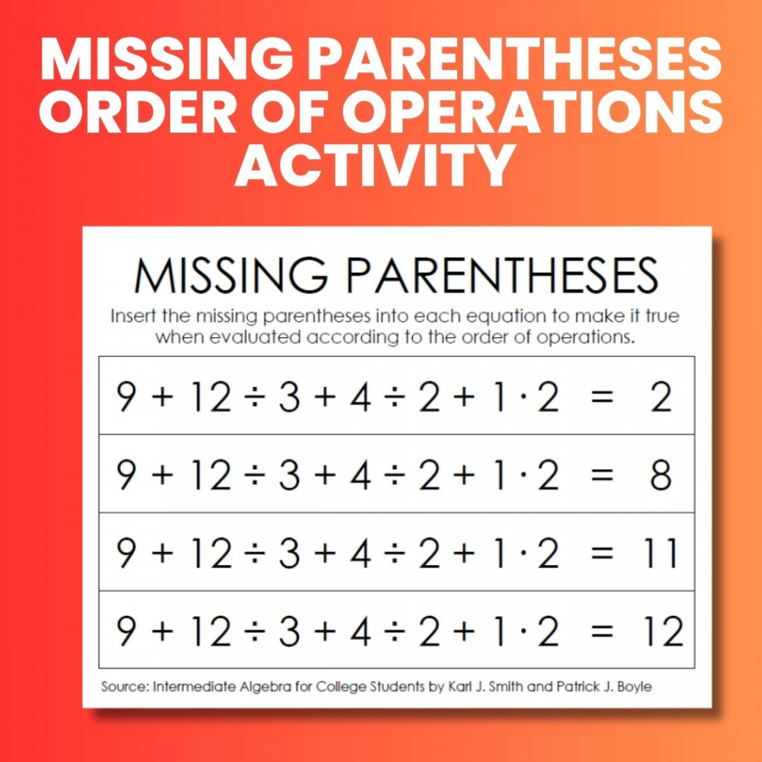 Missing Parentheses - An Order of Operations Activity  Math = Love