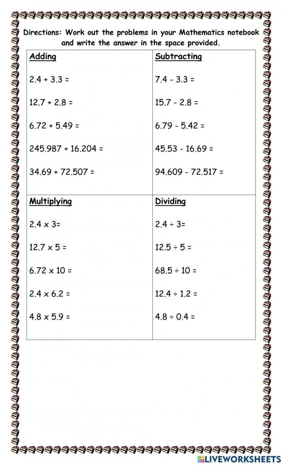 Mixed Operations with Decimals worksheet  Live Worksheets