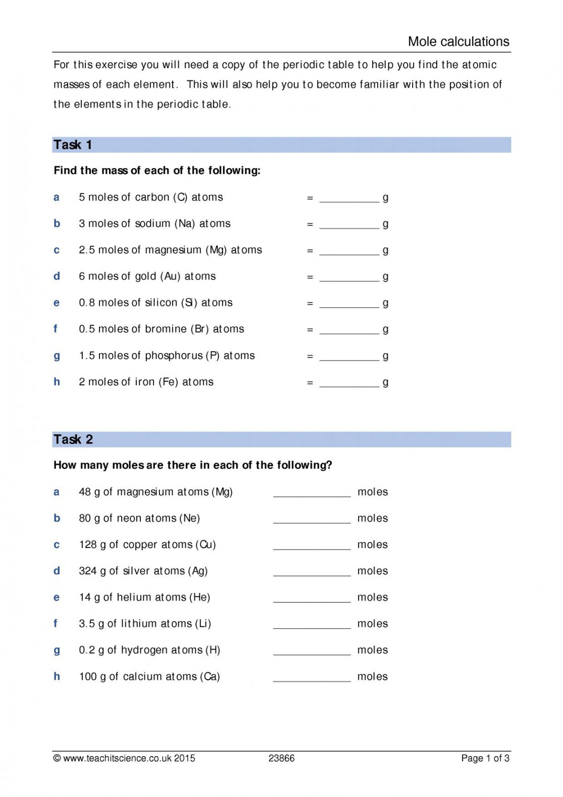 Mole calculations worksheetKS ChemistryTeachit