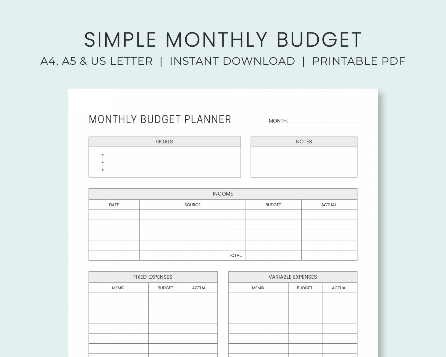 Monthly Budget Planner Printable Simple Budget Worksheet Personal