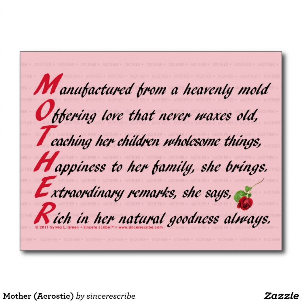 Mother (Acrostic) Postcard  Zazzle  Mothers day poems, Happy