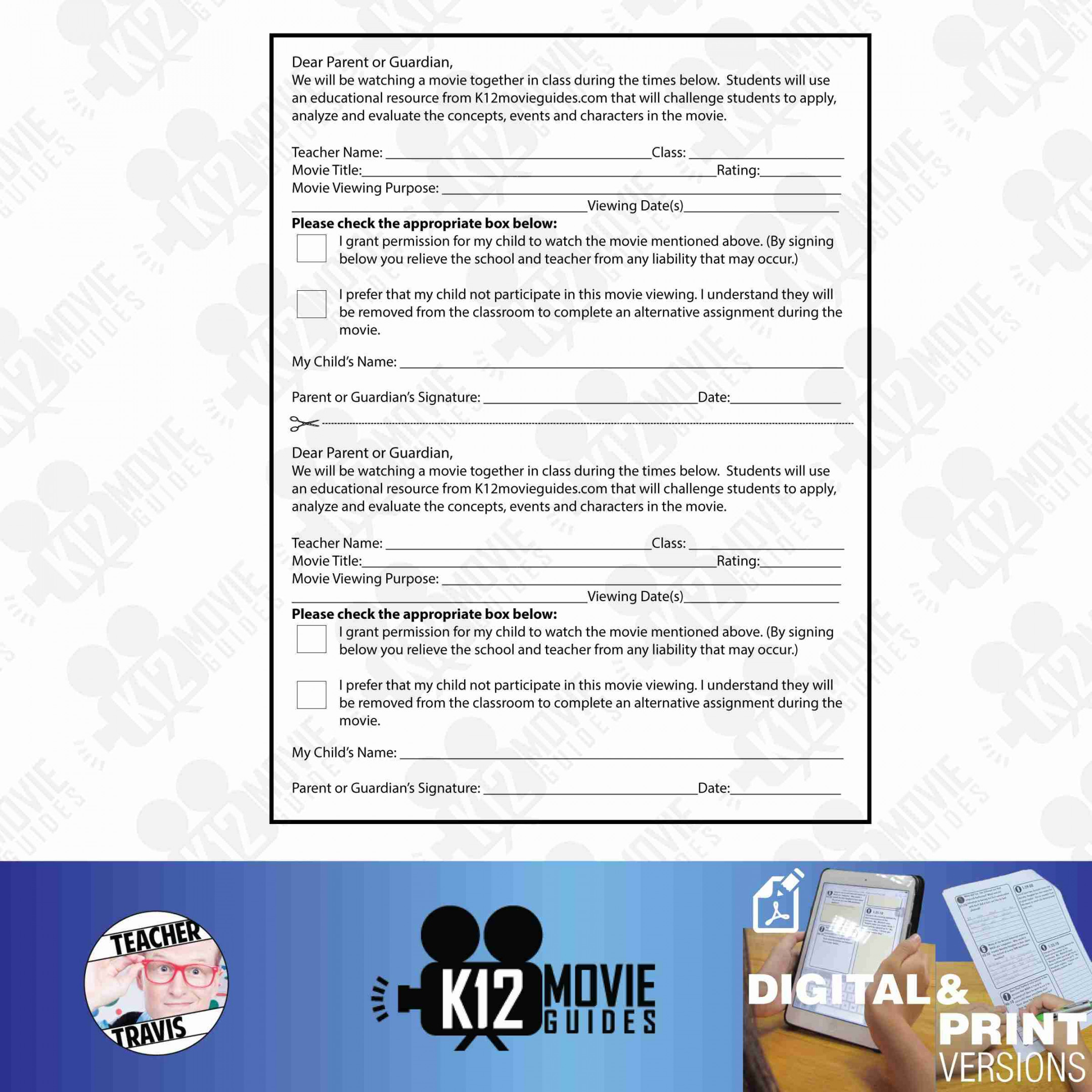 Movie Viewing Permission Slip (Editable Version Included