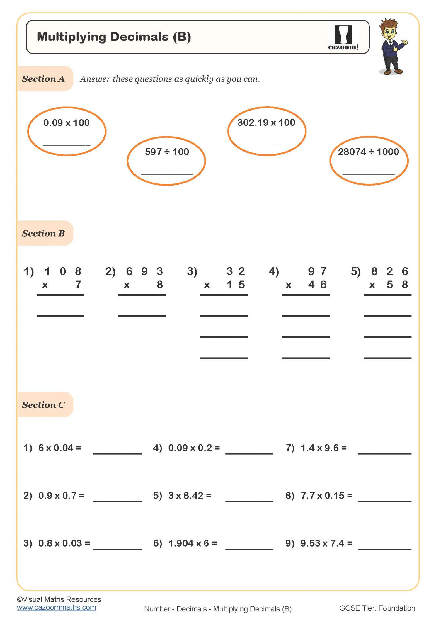 Multiplying Decimals (B) Worksheet  Cazoom Maths Worksheets